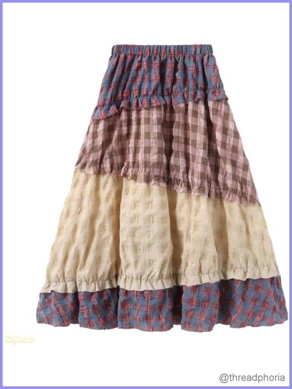 Patchwork Floral Midi Skirt High Waist A-Line Cotton